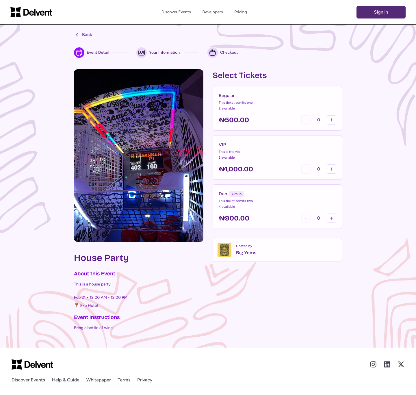 Ticket selection showing available ticket types